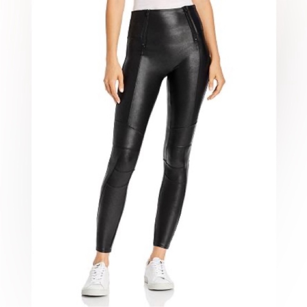 Spanx faux leather moto leggings zip waist detail black size XS